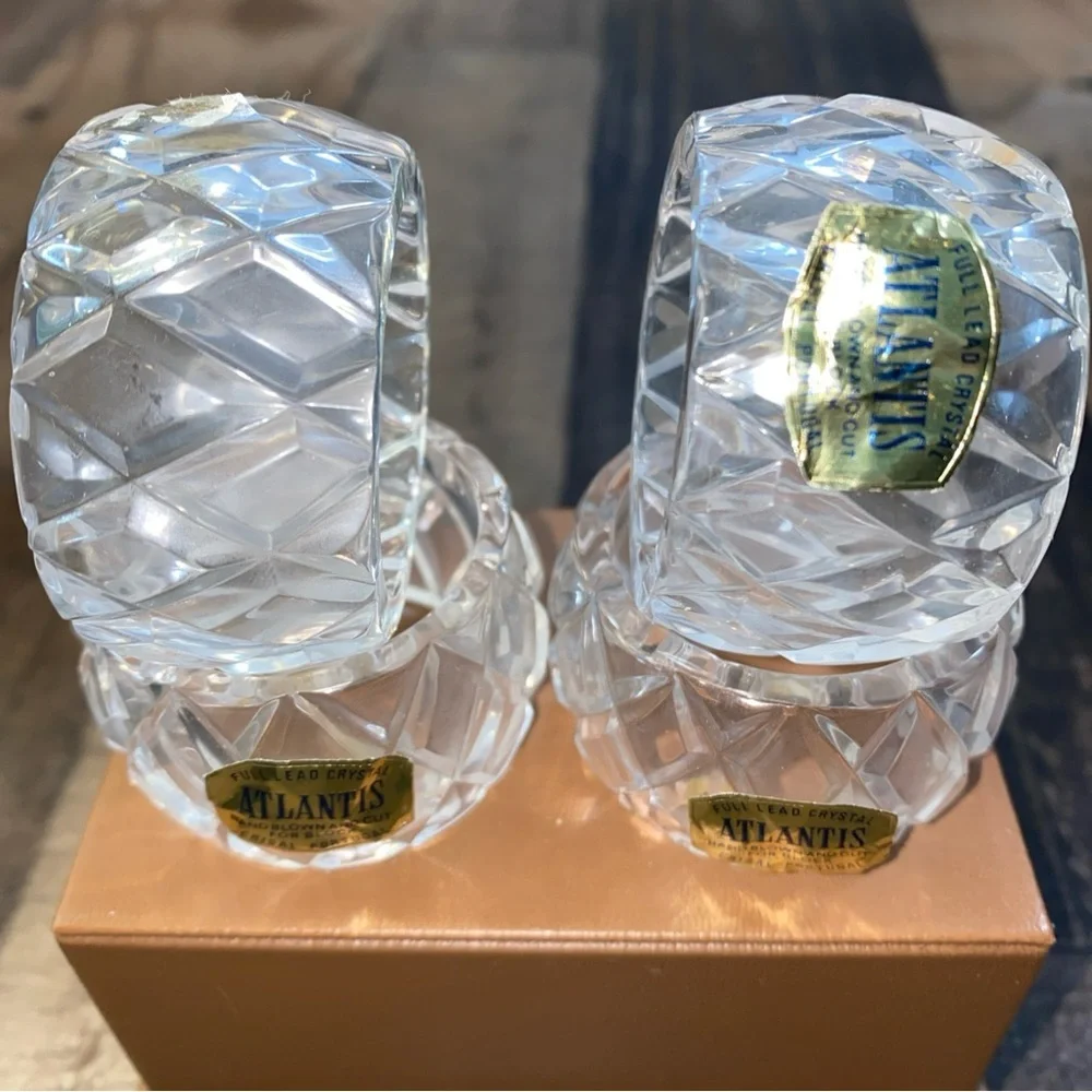 4 Full Lead Crystal Napkin Rings Atlantis Blown Hand‎ Cut Portugal Original Box